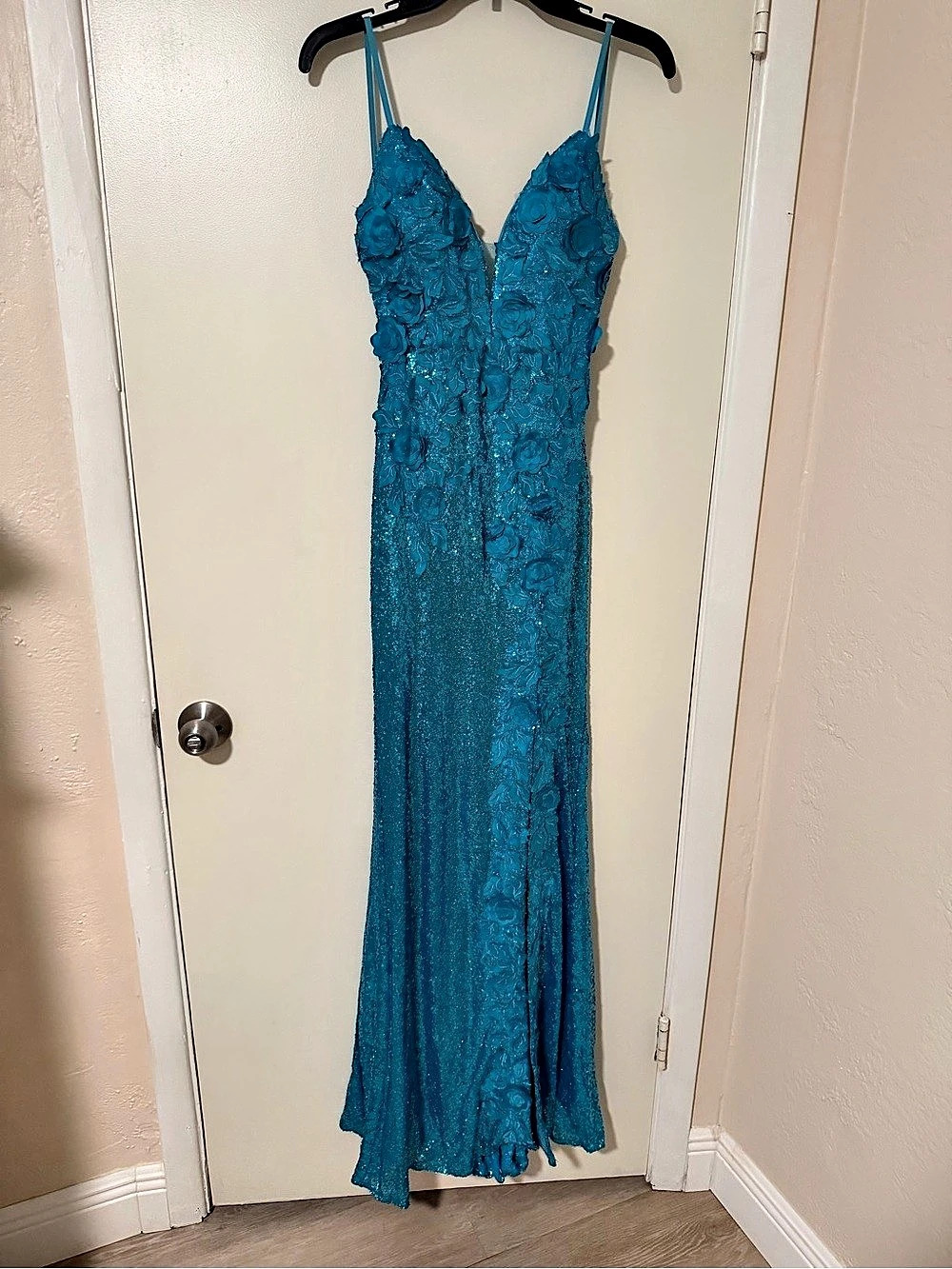 Jovani 1012 Turquoise Sequin 3D Floral Applique Gown Floral Applique Maxi Dress